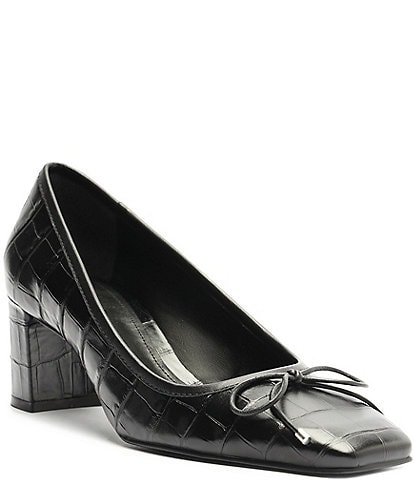 Schutz Arissa Crocodile Embossed Leather Square Toe Bow Pumps