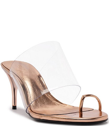 Schutz Astra Mule Clear Vinyl Mirror Metallic Leather Toe Loop Slide Sandals