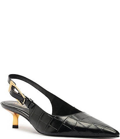 Schutz Ciara Crocodile Embossed Leather Kitten Heel Sling Pumps