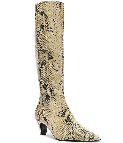 Schutz Dellia Up Snake Print Leather Kitten Heel Tall Boots