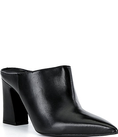 Schutz Eleanor Leather Pointed Toe Block Heel Mules