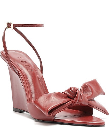 Schutz Elodie Wedge Bow Leather Ankle Strap Dress Sandals