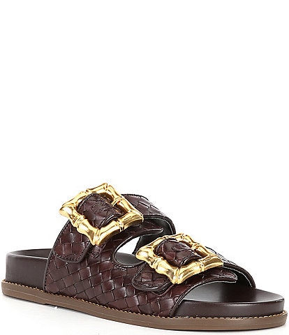 Schutz Enola Sporty Woven Leather Bamboo Buckle Detail Slide Sandals