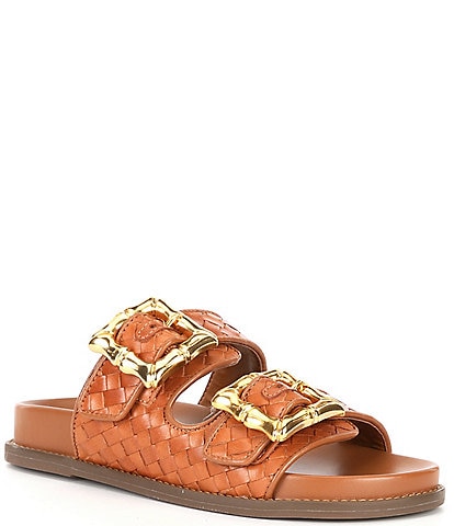 Schutz Enola Sporty Woven Leather Bamboo Buckle Detail Slide Sandals