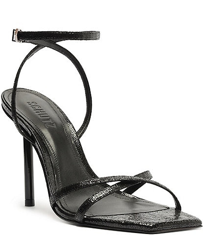 Schutz Eva Lizard Print Leather Ankle Strappy Square Toe Dress Sandals