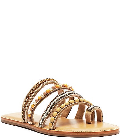 Schutz Jade Bead and Rhinestone Embellished Multi-Strap Toe Loop Flat Sandals