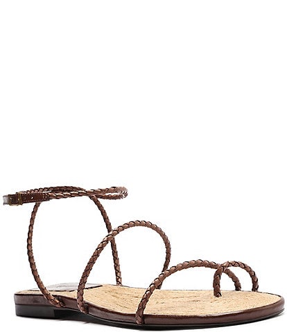 Schutz Kaya Straw Ankle Strap Toe Loop Flat Sandals
