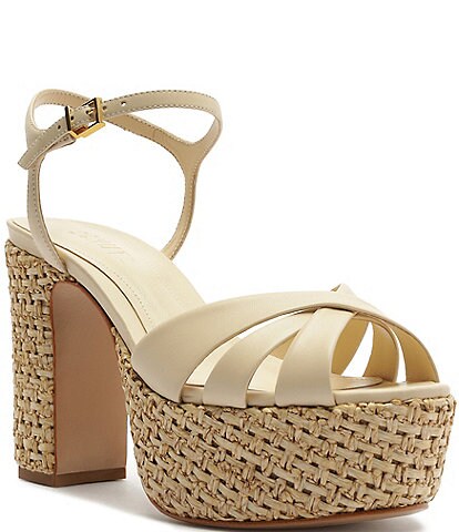 Schutz Keefa Raffia Leather Platform Block Heel Sandals