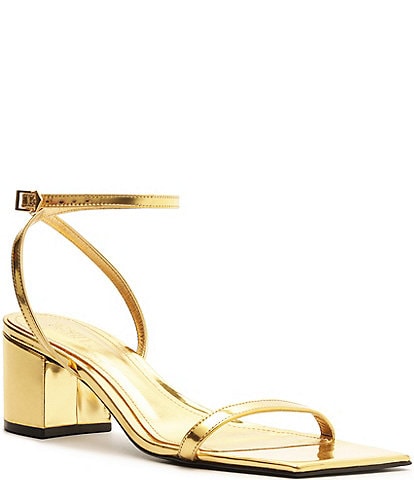 Schutz Kendall Mirror Metallic Block Heel Ankle Strap Dress Sandals