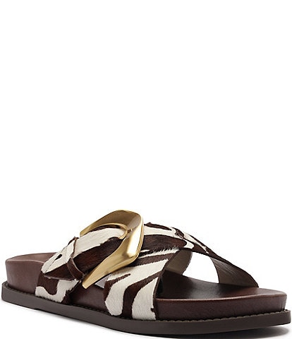 Schutz Lois Sporty Animal Print Fur Buckled Slide Sandals