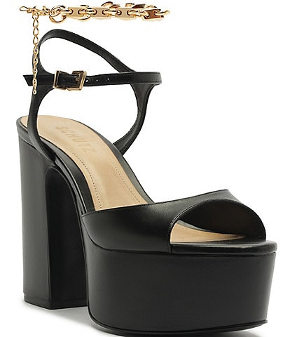 Schutz Lys Leather Ankle Wrap Chain Detail Platform Block Heel Sandals