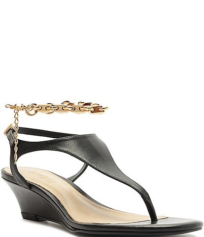 Schutz Lys Wedge Leather Ankle Chain Slingback Thong Sandals