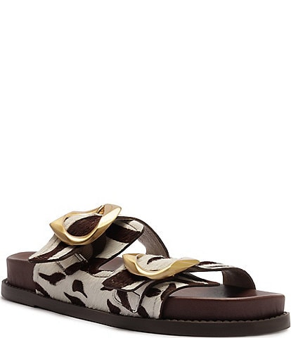 Schutz Olga Sporty Animal Print Fur Buckled Slide Sandals