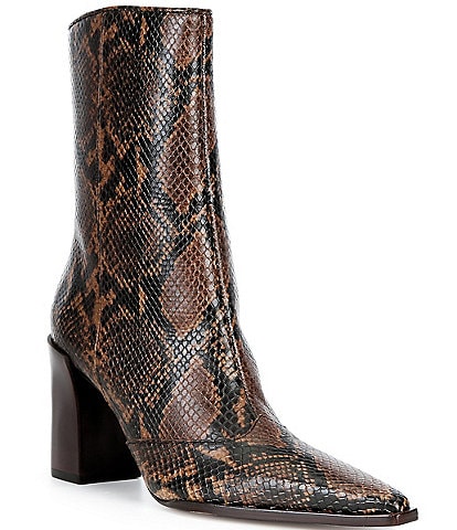 Schutz Raffaela Snake Print Leather Pointed Toe Block Heel Booties