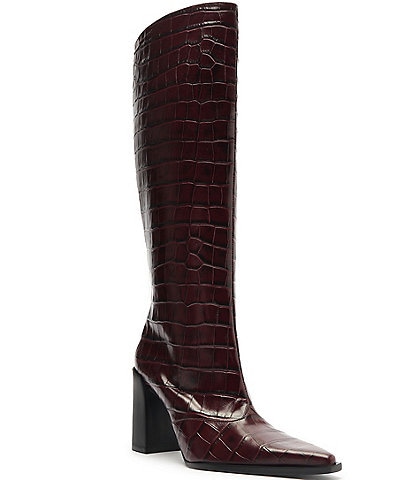 Schutz Raffaela Up Crocodile Embossed Leather Block Heel Tall Boots