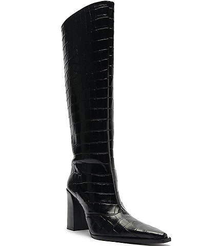 Schutz Raffaela Up Crocodile Embossed Leather Block Heel Tall Boots