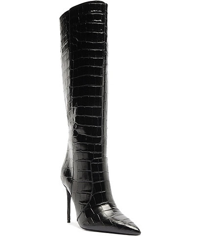 Schutz Samira Croco Embossed Leather Pointed Toe Stiletto Tall Boots