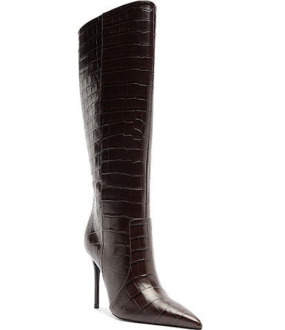 Schutz Samira Croco Embossed Leather Pointed Toe Stiletto Tall Boots