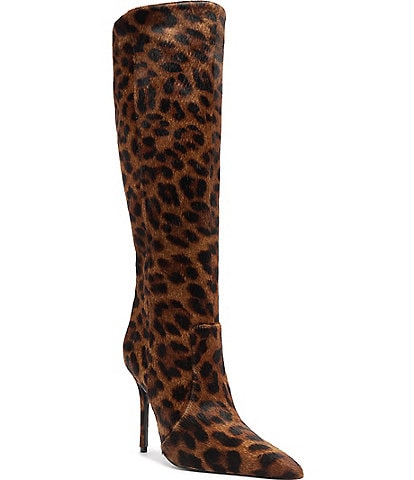Schutz Samira Leopard Print Calf Hair Pointed Toe Stiletto Tall Boots