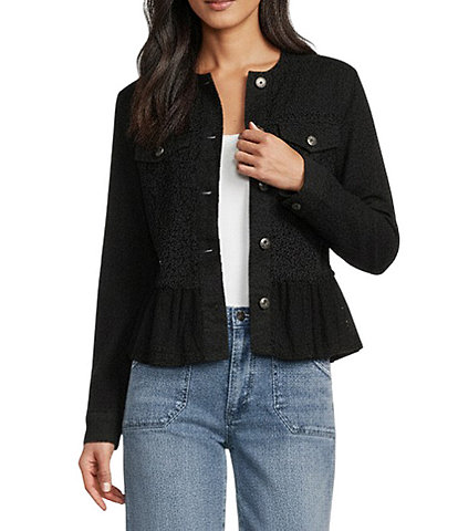 Scully Denim Lace Voile Point Collar Long Sleeve Button Front Jacket