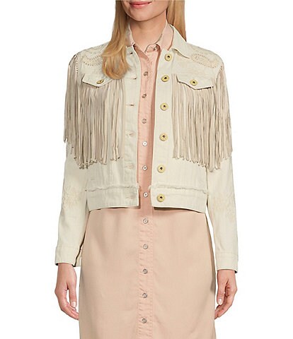 Scully Embroidered and Fringe Detailed Western Denim Jean Statement Jacket