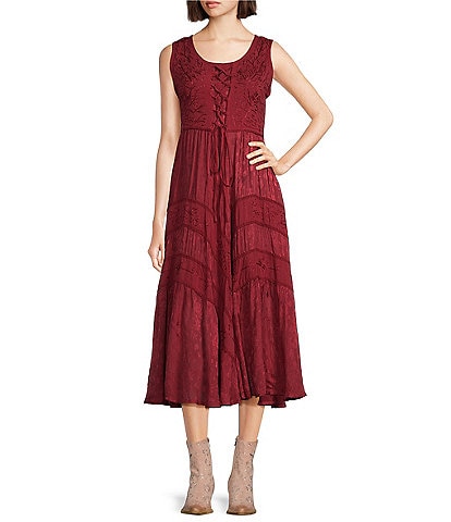 Scully Sleeveless Lace-Up Embroidered Floral Jacquard Tie Waist Midi Dress