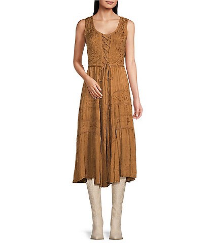 Scully Sleeveless Lace-Up Embroidered Floral Jacquard Dress