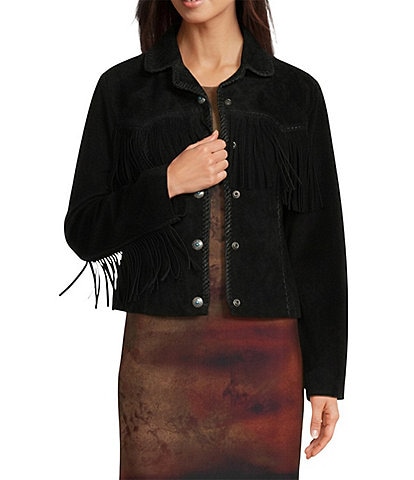 Scully Suede Leather Whipstitch Collar Fringe Jacket