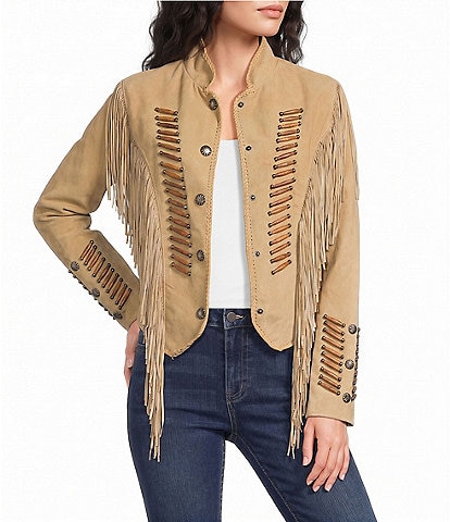 Scully Suede Fringe Round Neck Long Sleeve Jacket