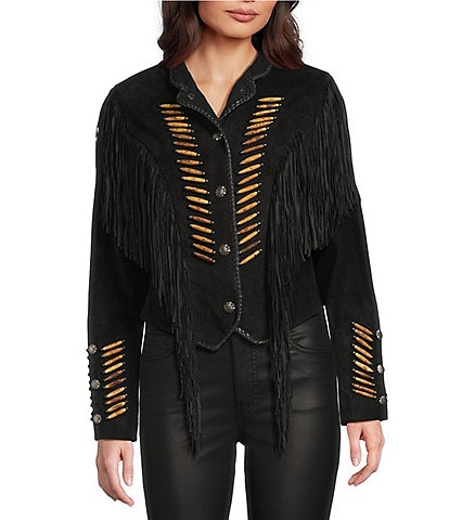 Scully Suede Fringe Round Neck Long Sleeve Jacket