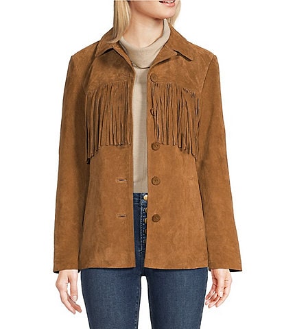 Scully Suede Leather Fringe Button Front Jacket