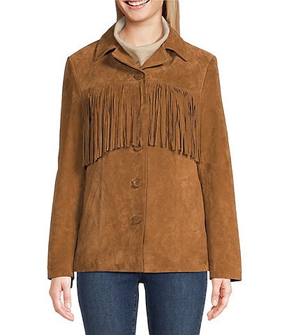 Scully Suede Leather Fringe Button Front Jacket