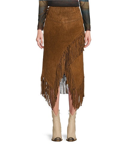 Scully Suede Leather High Rise Wrap Fringe Midi Skirt