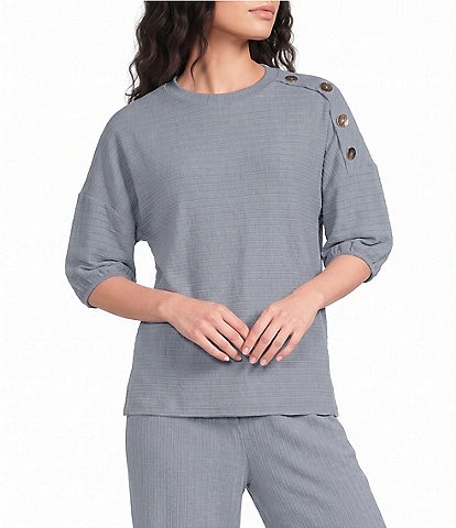See And Be Seen Coordinating Textured Knit Round Neck 3/4 Sleeve Top