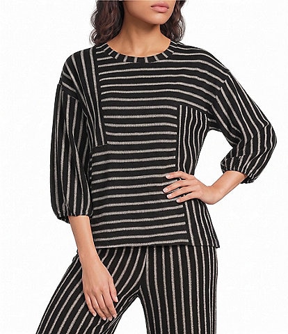 See and Be Seen Coordinating Textured Mixed Stripe Round Neck 3/4 Sleeve Top