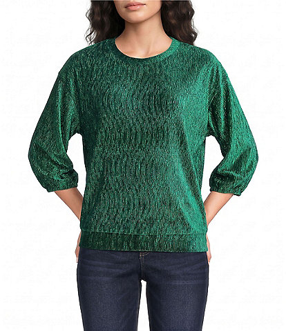 See And Be Seen Knit Textured Velvet Round Neck 3/4 Sleeve Pullover Top