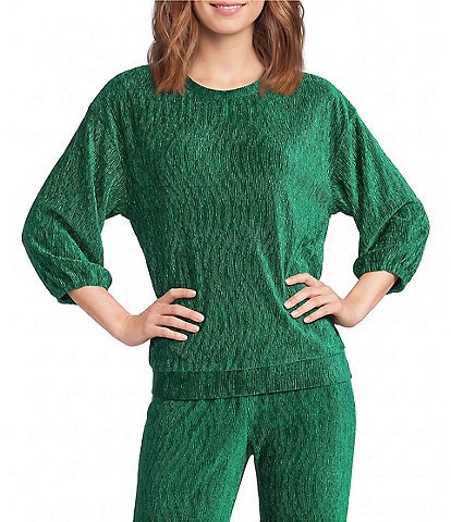 See And Be Seen Knit Textured Velvet Round Neck 3/4 Sleeve Pullover Top