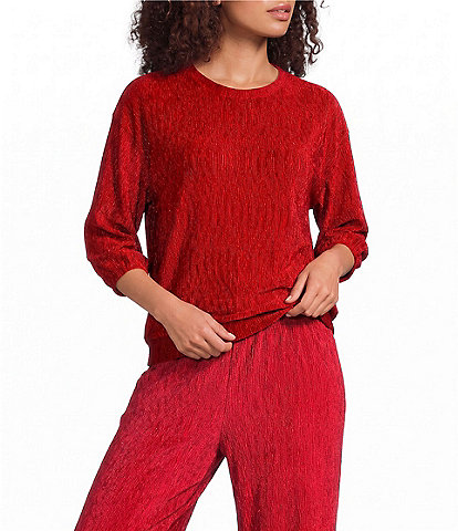 See And Be Seen Knit Textured Velvet Round Neck 3/4 Sleeve Pullover Top
