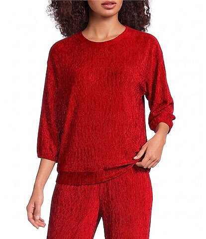 See And Be Seen Knit Textured Velvet Round Neck 3/4 Sleeve Pullover Top