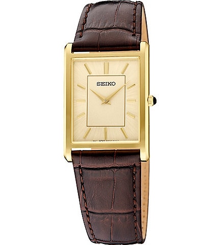 Seiko Men's Essentials Gold Rectangle Quartz Analog Croco Leather Strap Watch