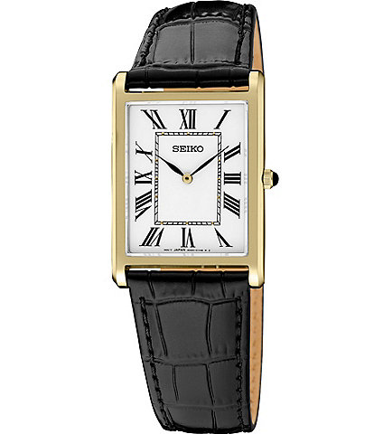 Seiko Men's Essentials Gold Rectangle Quartz Analog Croco Leather Strap Watch