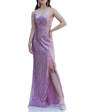 Sequin Feather Side Slit Strapless Gown