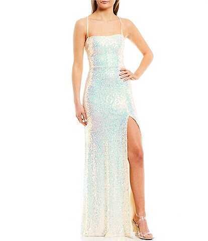 Sequin Lace-Up Back Side Slit Long Dress