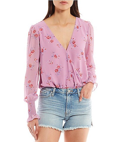 Shabby Chic Arden Scattered Rose Floral Print Georgette Surplice V-Neck Long Blouson Sleeve Smocked Cuff Coordinating Bodysuit