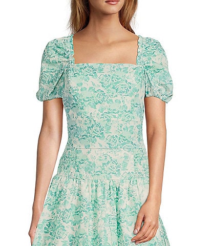 Shabby Chic Floral Print Poplin Square Neck Short Puff Sleeve Tie Back Detail Peasant Coordinating Crop Top