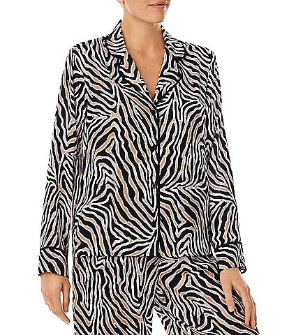 Shady Lady Long Sleeve Notch Collar Zebra Print Button Front Coordinating Sleep Top