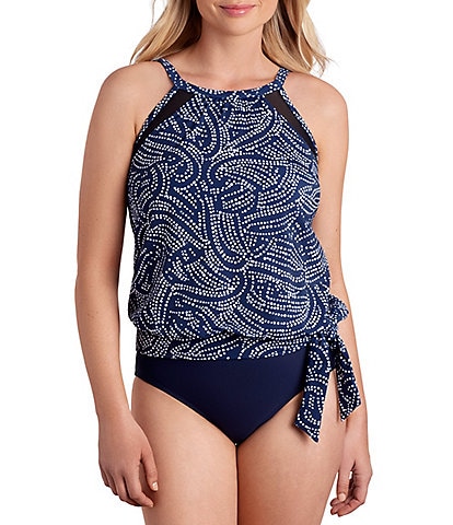 Shape Solver Dotted Print Tiki Bar High Neck Blouson Swim Top