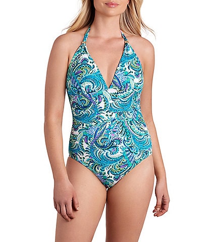 Shape Solver Lily Tie Neck Halter Swim Paisley Print One Piece