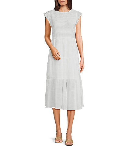 Blu Pepper Short Flutter Sleeve Smocked Tiered Midi Dress