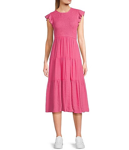 Blu Pepper Short Flutter Sleeve Smocked Tiered Midi Dress